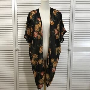 Live 4 Truth Boho Whimsigoth Floral Kimono Cardigan Sheer Black Orange S